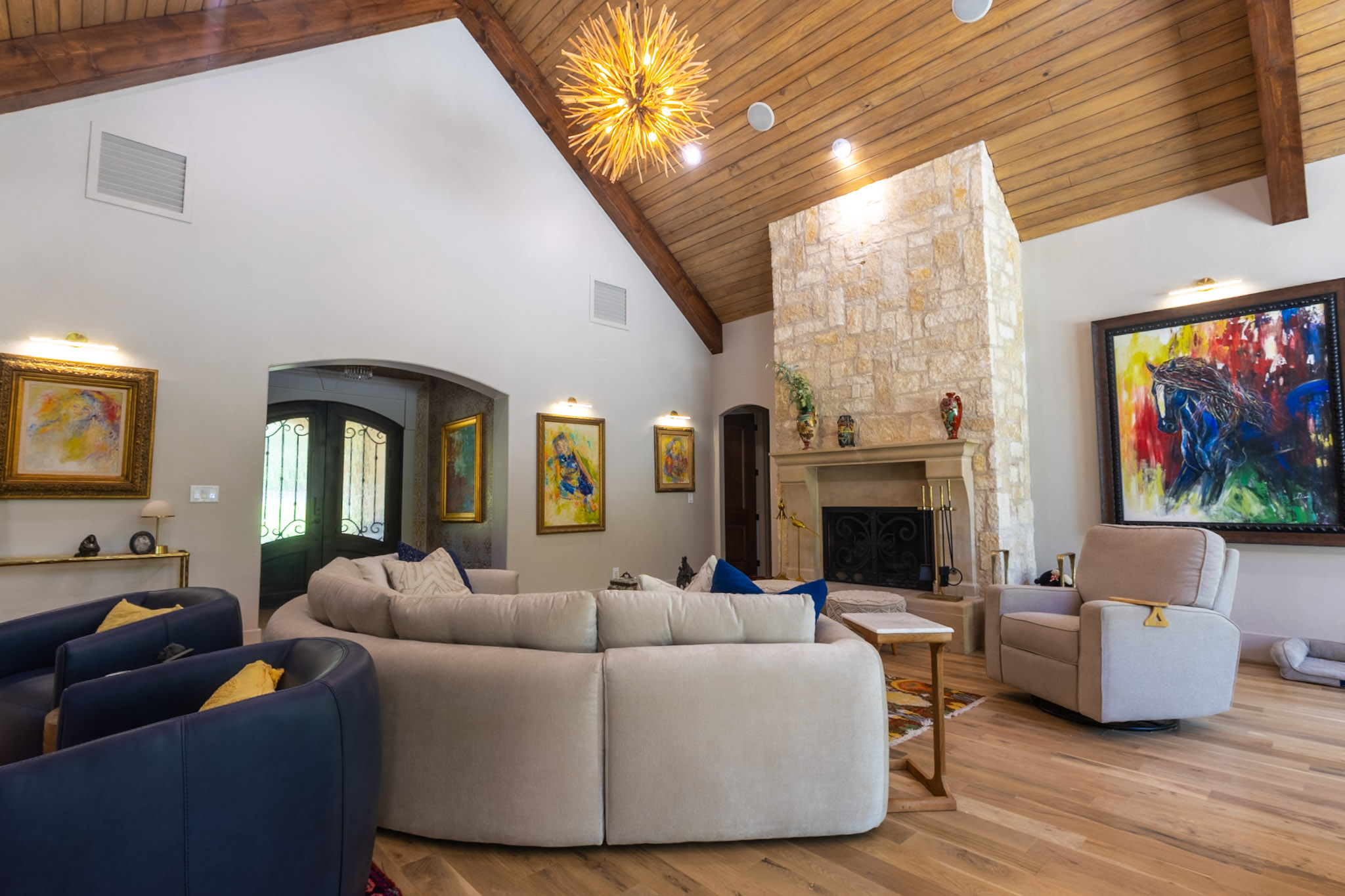 Vaulted Living Room with Stone Fireplace