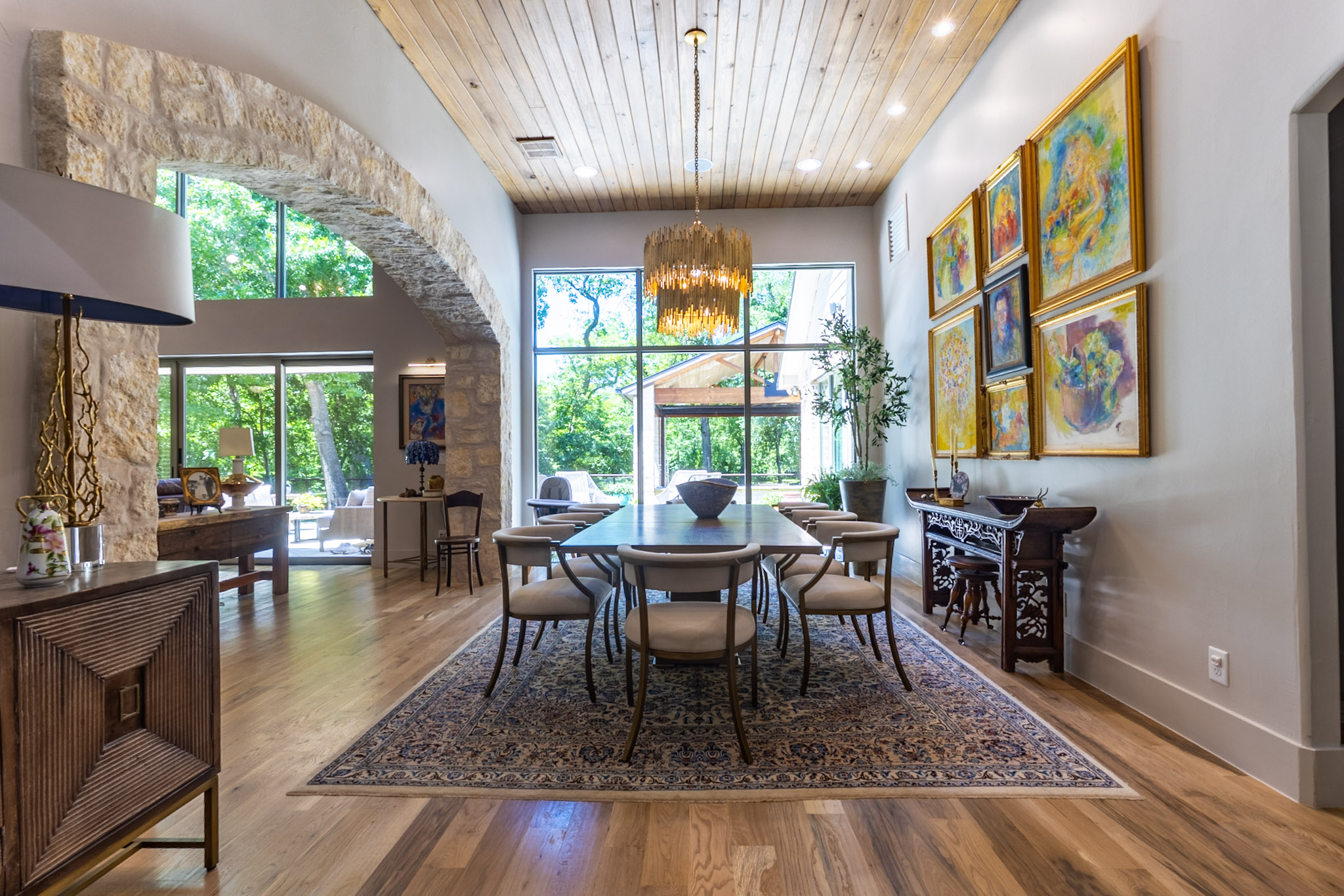 Open Dining Room with Stone and Wood Architecture