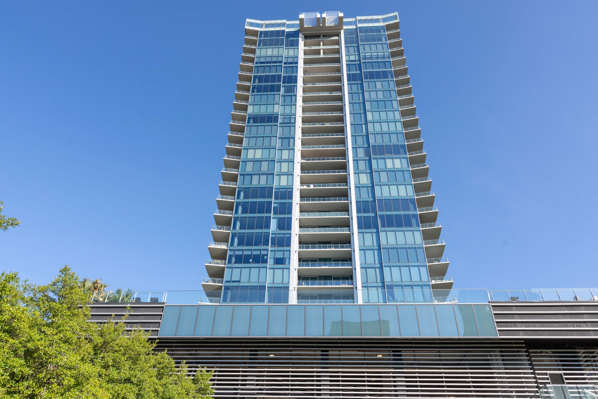 Exterior of the Bleu Ciel high-rise condominium building in Dallas