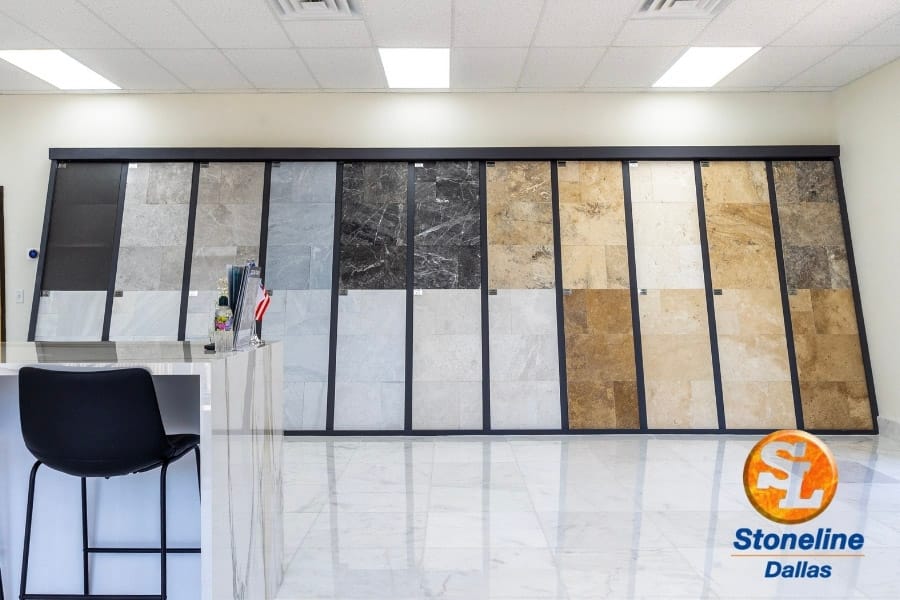 Wide showroom interior with product displays and consultation counter