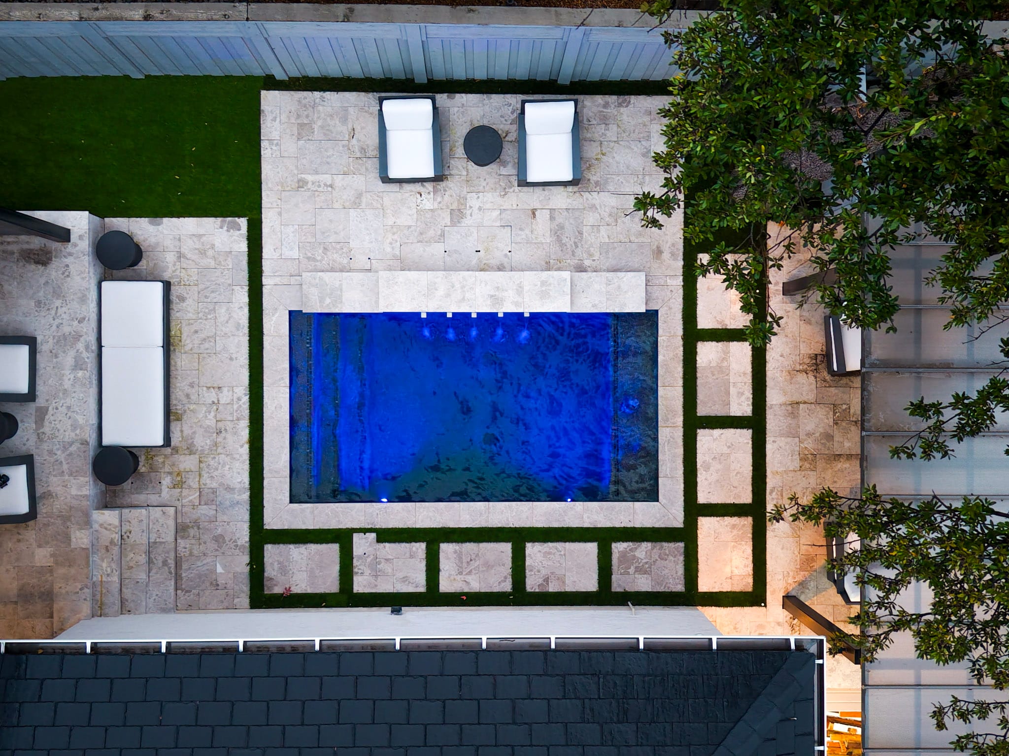 Overhead drone view of Dallas cocktail pool and outdoor living area