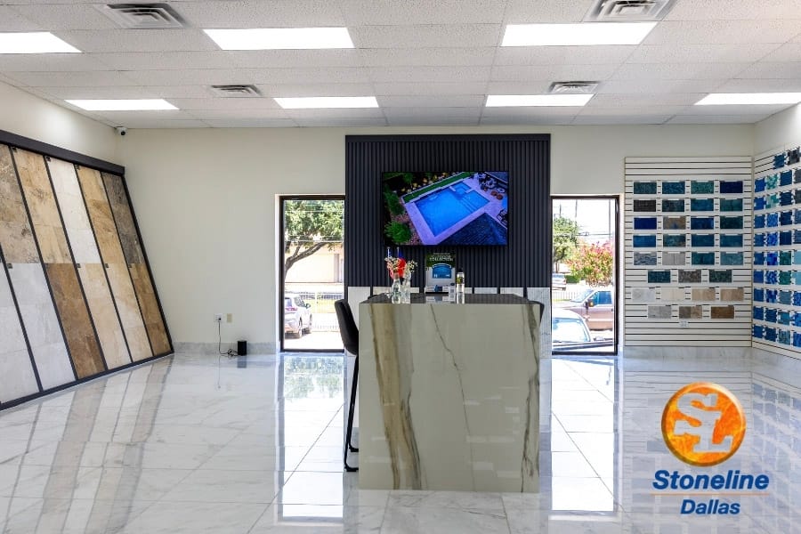 Commercial showroom with tile displays and central consultation counter