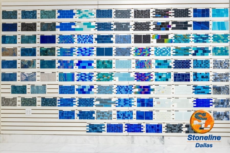 Wall display filled with blue and aqua tile samples